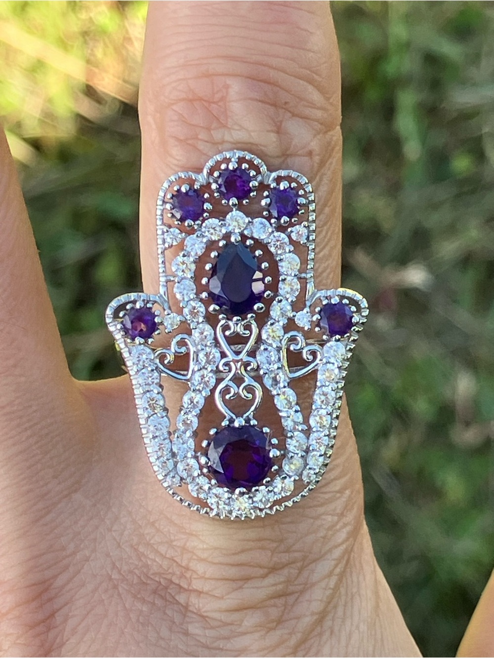 African Amethyst Sterling Silver Hamsa Ring Size 9